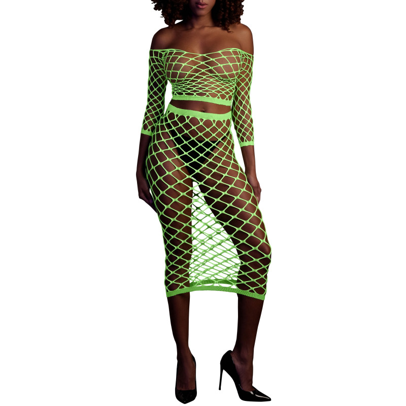 Ouch! Glow Bustier et Robe Filet Épaules dénudées Vert Fluo